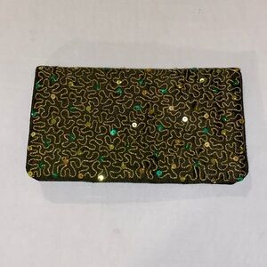 Vintage Green Satin Multi-Colored Sequined Wallet-Clutch with Magnetic Closure
